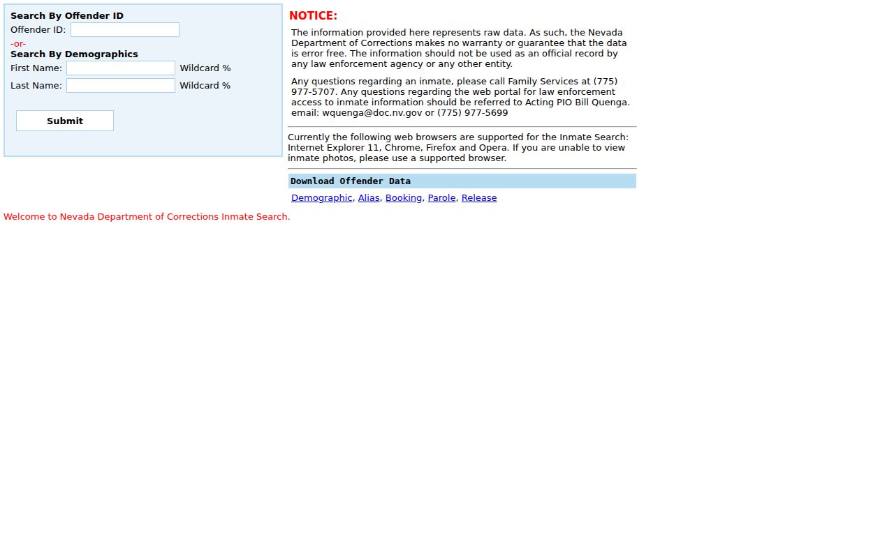 Nevada people search by offender ID or name in NDOC records