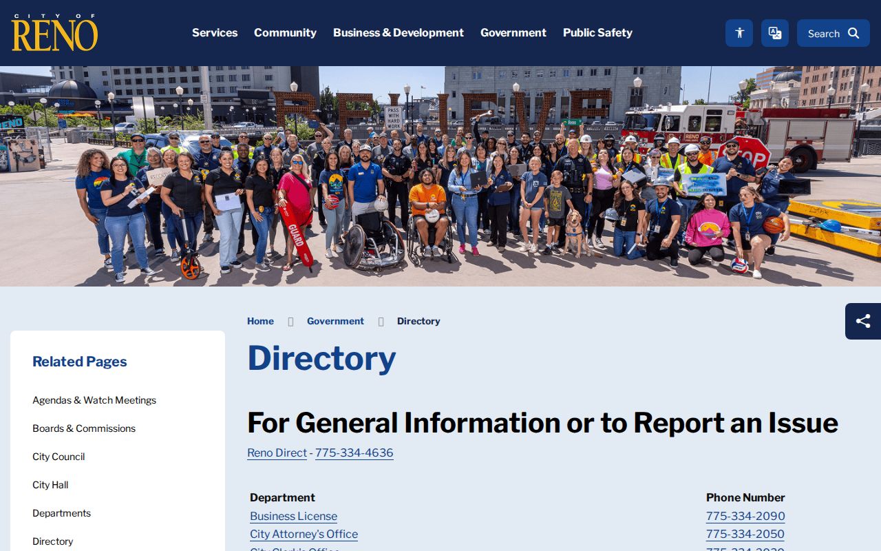 Nevada people directories showing Reno departments and telephone contacts