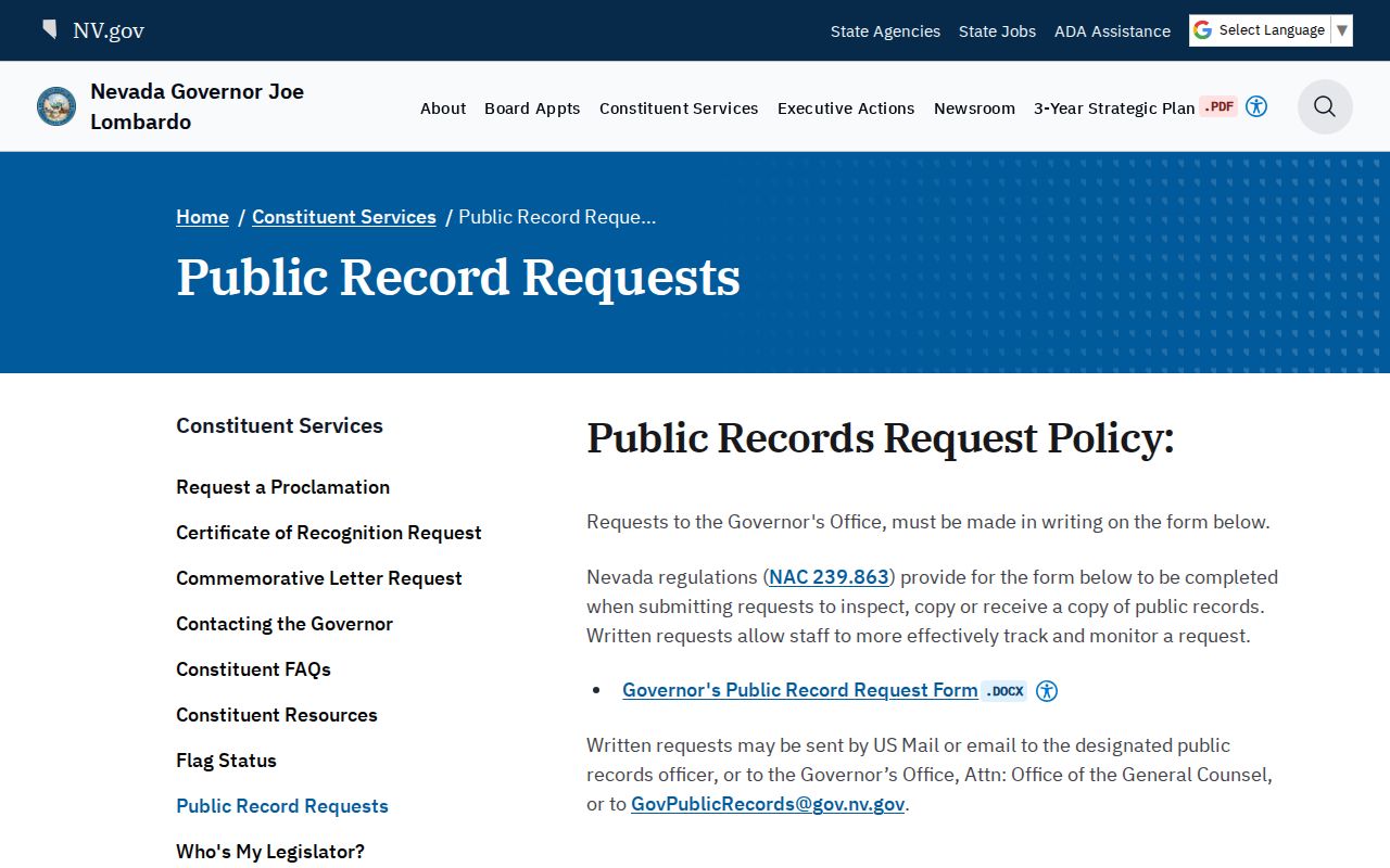 Nevada public records request instructions from the Governor's Office