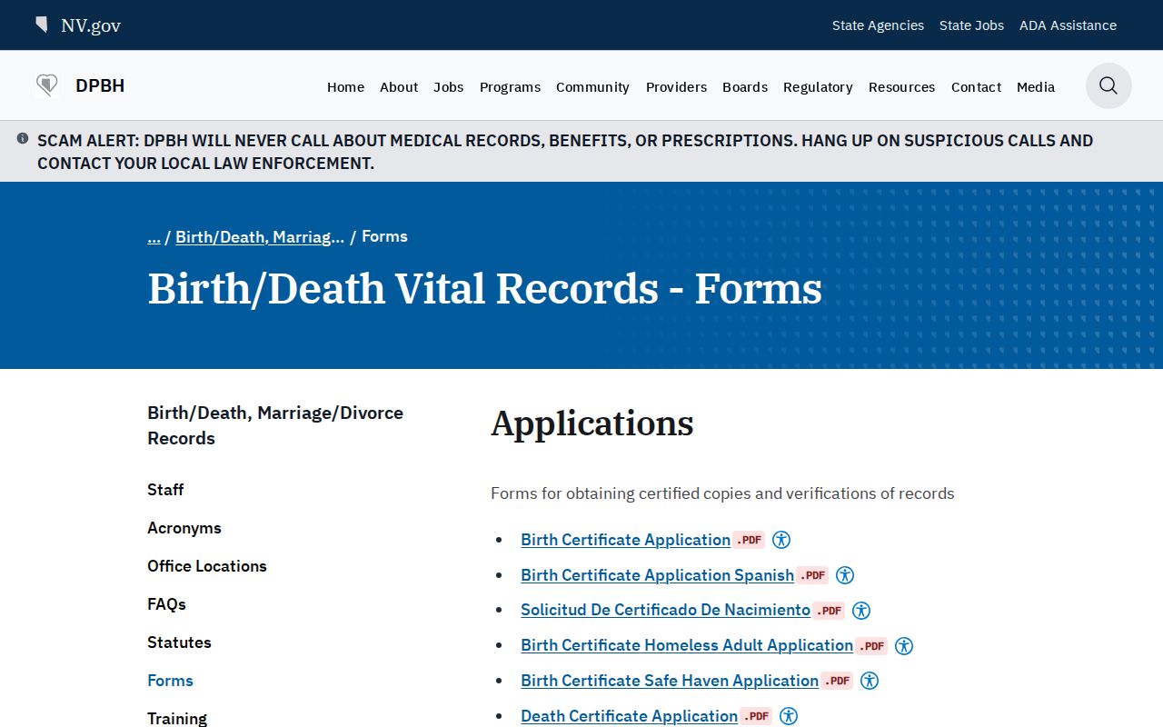 Nevada public records forms for birth and death certificates